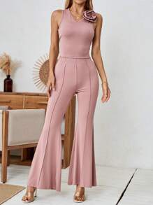 Calvaya Top elegante de mujer sin mangas con cuello en V, con adornos de flores 3D en unicolor, 2 piezas