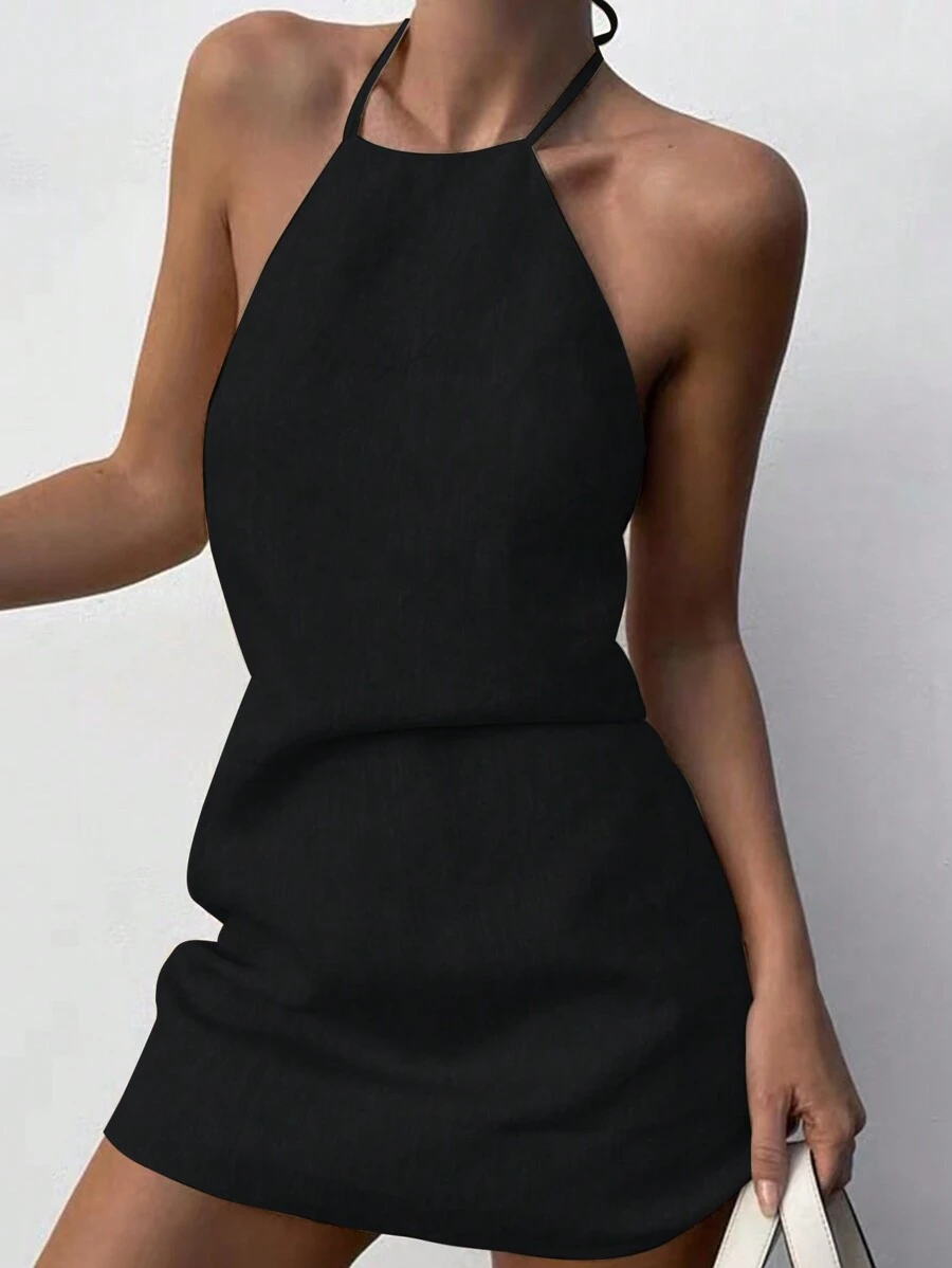 INAWLY Women's Solid Color Halter Neck Backless Summer Sexy Sleeveless Short Dress - Black - View 1