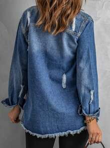 Women's Minimalist Distressed Fringe Denim Jacket - Medium Wash - View 2