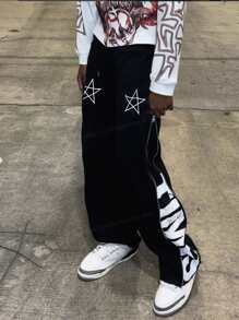 Manfinity EMRG Men's Zipper Design Jogger Pants With Letter & Five-Pointed Star Print - Black - View 4