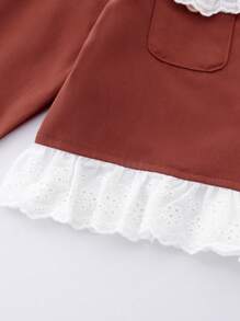 SHEIN 年輕女孩春秋時尚甜美優雅的中空刺繡荷葉邊連衣裙套裝 - 摩卡棕 - 查看 3