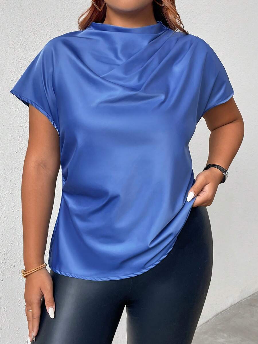 SHEIN Unity 夏季大码休闲纯色褶皱衬衫 - 藍色 - 查看 1