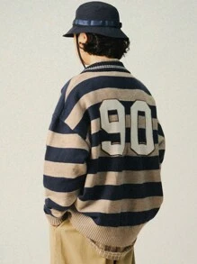 DAZY 男士撞色条纹字母印花长袖毛衣，秋季 - 彩色 - 查看 2