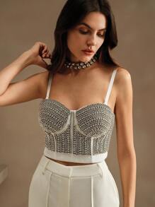 Anewsta 珍珠串珠紧身胸衣文胸上衣 - 銀色 - 查看 5