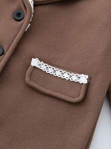 SHEIN Girls' Flat Turn-Down Collar Button Up Solid Color Splicing Long Sleeve Jacket And Pleated Skirt Set - Brown - View 3