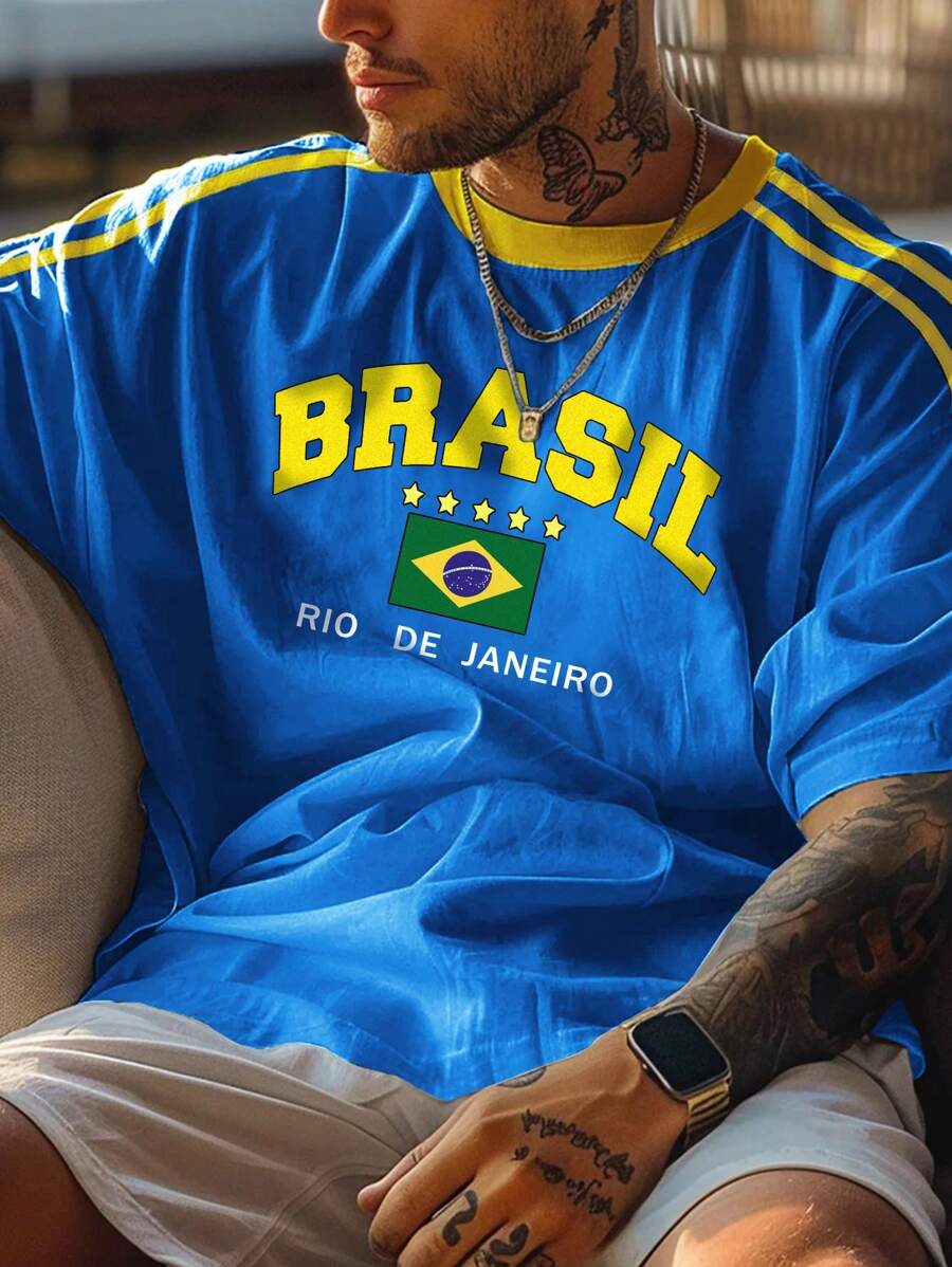 Manfinity Dauomo Camiseta de manga corta de cuello redondo con estampado de letras y gráficos a rayas en contraste, verano, para hombre