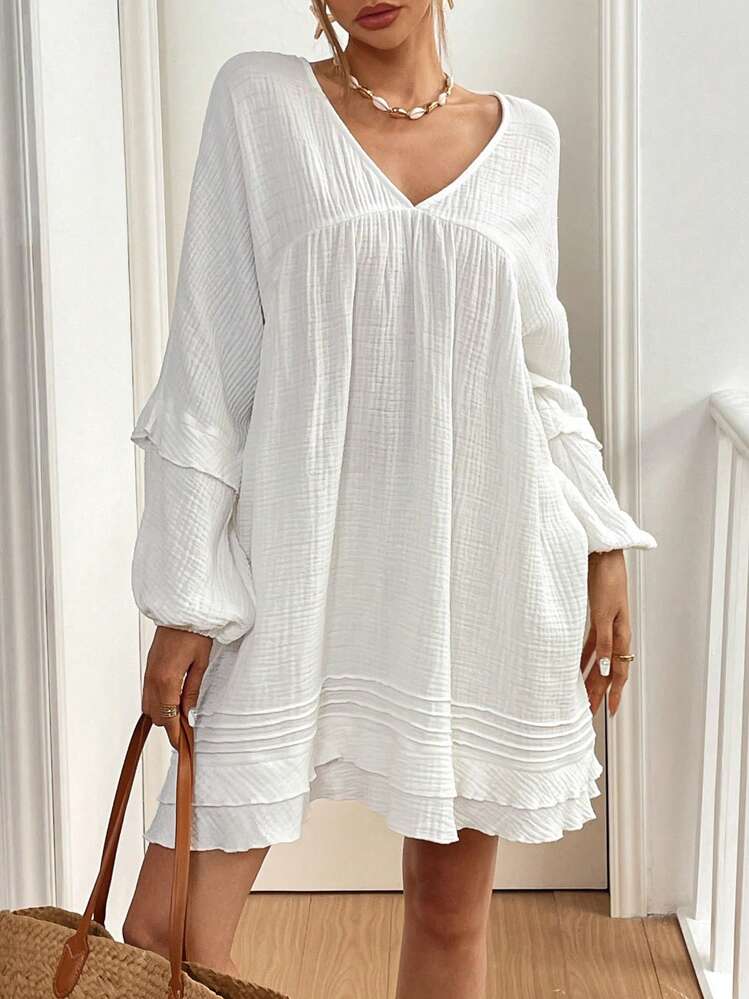SHEIN Essnce Vestido corto de lino transpirable y holgado para mujer, primavera y otoño - Blanco - Añade 4