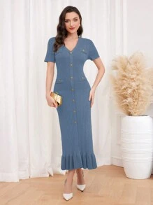 Modelyn Váy len bó sát tay ngắn cổ chữ V cho nữ - Màu xanh lam - Xem 5