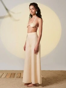 JACOBO SIN A Designer Women's Solid High Waist Casual Wide Leg Pants, Cotton, Holiday