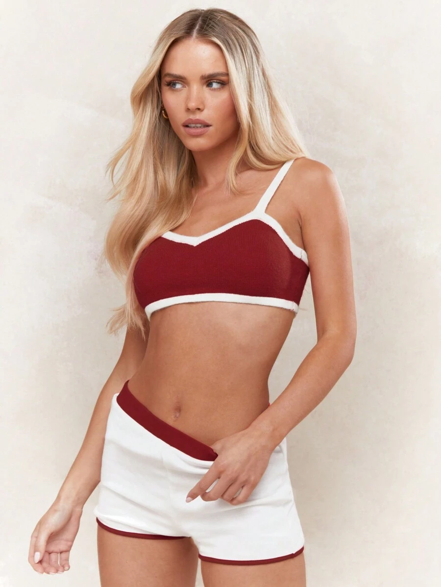 MISSGUIDED Toweling Ribbed Contrast Binding Cami Crop Top Winter Wear Christmas - Red - View 1