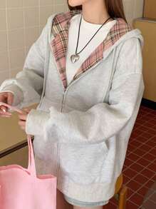 DAZY Women's Solid Color Zip Up Hooded Sweatshirt With Pockets, Casual Long Sleeve Drawstring Zipper Hoodie,Fall Clothes,Thermal Lined Jacket - Grey - View 4