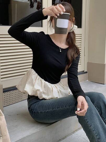 DAZY Women Crew Neck Colorblock Long Sleeve T-Shirt,Ruffle,Fall Clothes