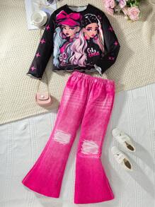 SHEIN Explorewe 青少年女孩圖案人物印花荷葉邊上衣搭配亮粉色破洞喇叭褲 2件套，時尚Y2K 80年代休閒長袖秋季套裝 - 黑色 - 查看 3