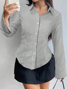 Flirla Áo sơ mi sọc dài tay ôm vừa vặn cho nữ, áo dài tay - Nhiều màu - Xem 6