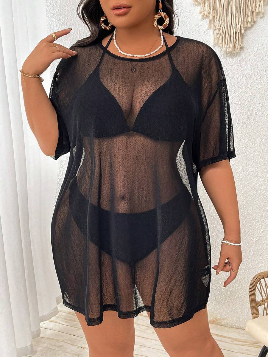 Swim Lushoire Plus Size Solid Color Crew Neck Short Sleeve Sheer Cover-Up, Casual Beach Wear Summer - Black - View 1