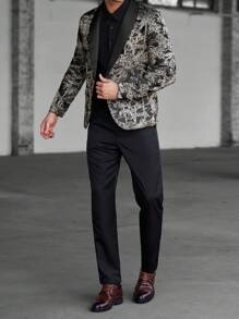 Manfinity Bizformal Men's Business Formal Event Luxurious Party Exquisite Fancy Animal And Plant Paradise Black And Gold Color Embossed Suit Set ,Men Two Pieces Outfits - Gold - View 5