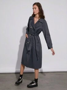 SHEIN EZwear 90年代深灰色落肩雙排釦束腰風衣 - 深灰色 - 查看 4