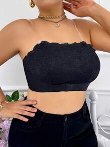 1pc Plus Size Black Lace Wireless Bandeau, Lingerie - Black - View 3