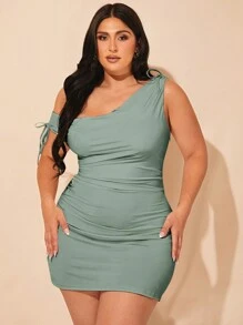 SHEIN BAE 大码女式纯色夏季黑色弹力针织褶皱不对称设计打结单肩短裙 - 薄荷綠 - 查看 4