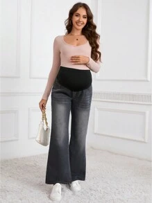SHEIN Maternity Faded Print Flared Leg Jeans - Grey - View 3