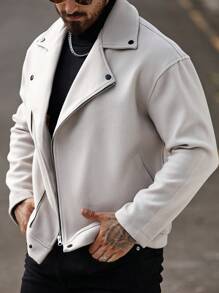 Manfinity Homme 男士春秋纯色白色前拉链长袖摩托车夹克，男士夹克，冬季夹克，秋季男士外出休闲摩托车夹克，适合朋友、丈夫、男朋友的礼物，老款风格 - 杏色 - 查看 8