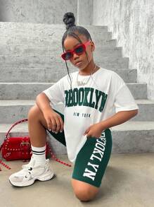 SHEIN Tween Girl 运动街头时尚春夏针织圆领短袖上衣加针织打底短裤套装 - 綠色 - 查看 2