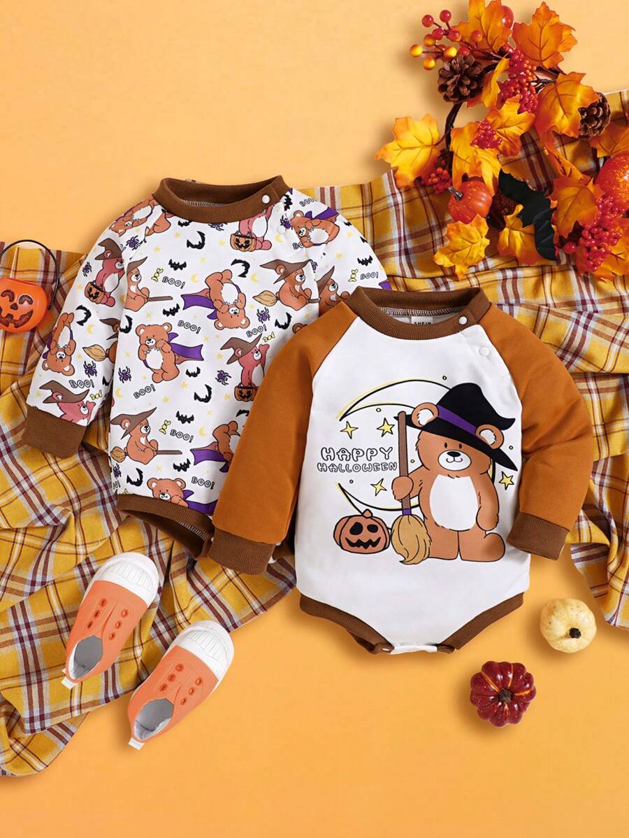 SHEIN Set de 2 bodys de manga larga con estampados de animales, calabazas y temas de Halloween, para niño bebé, apropiado para fiestas - Multicolor - Ver 1