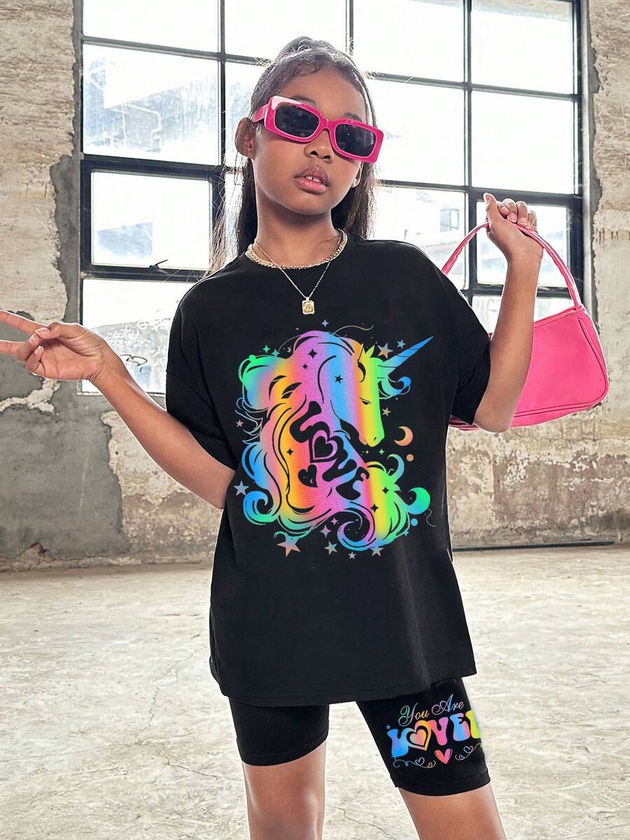 SHEIN 2pcs Tween Girls Casual Minimalist Colorful Unicorn Print Black Short Sleeve T-Shirt And Black Shorts Set, Suitable For Summer Back To School Clothes, Girls Sets, Cool T-Shirts, Graphic Tees - Black - View 1