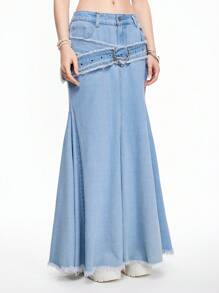 ROMWE Grunge Punk Falda vaquera larga ajustada con hebilla con forma de corazón en la cintura y cola de pez para mujeres - Celeste - Ver 6