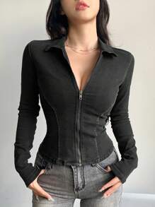 DAZY 女士休闲修身破洞牛仔夹克，春秋季，返校服装