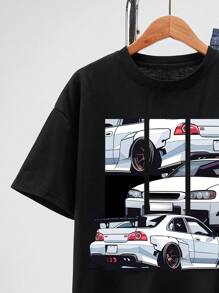 SHEIN Conjunto para adolescente de 2 piezas con estampado de coche informal, camiseta y pantalones vaqueros con agujeros desgastados, primavera/verano