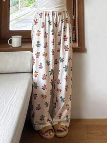 DAZY Cute Bear Allover Print Straight Pajama Bottoms, Fall, Winter - Beige - View 3