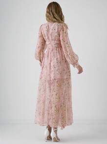 Enchnt 女士花卉印花 V 领荷叶边长袖连衣裙 - 粉色 - 查看 3