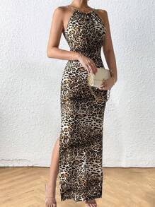 Chiquease Vestido largo con cuello de halter de estampado de leopardo y abertura lateral para mujer - Multicolor - Ver 4