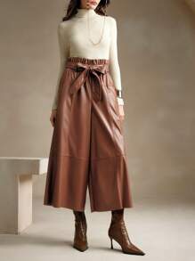 Anewsta 女士棕色休闲高腰阔腿皮裤