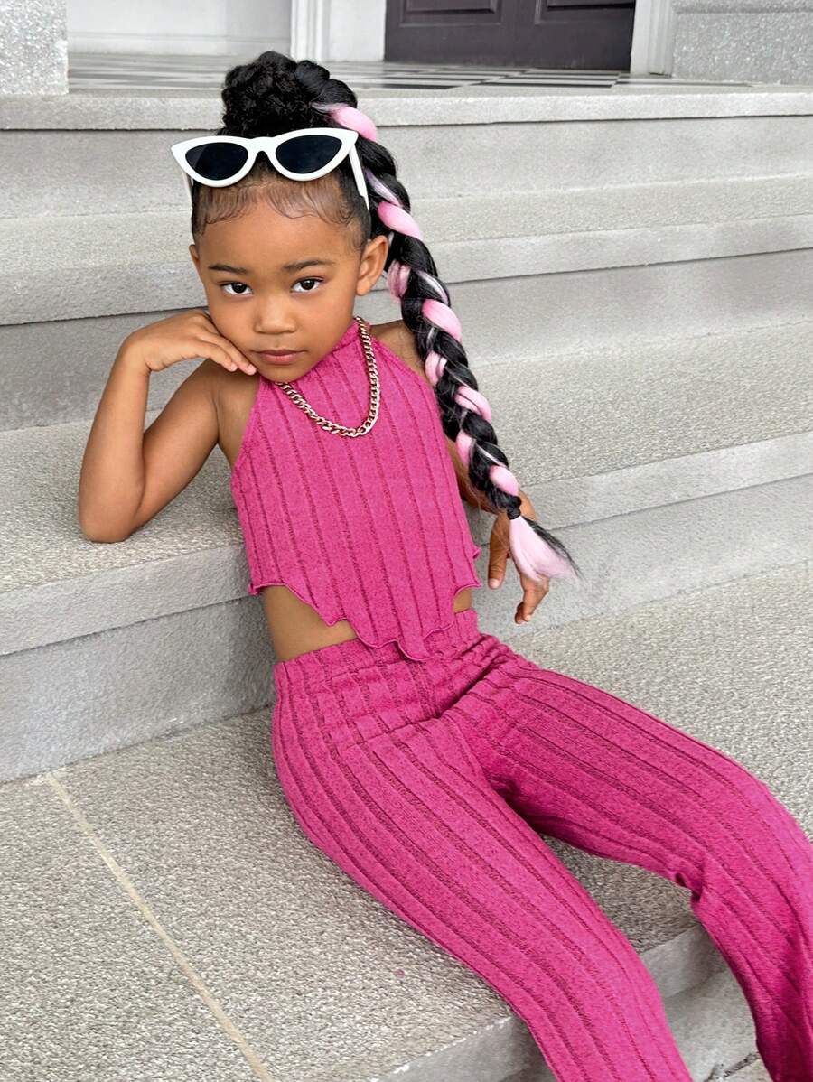SHEIN Leap Crew SLAYR KIDS SLAYR KIDS Young Girl Lettuce Trim Halter Top & Flare Leg Pants Young Girl Two Pieces Setkids Pink Outfitgirls Knit Set - Hot Pink - View 1