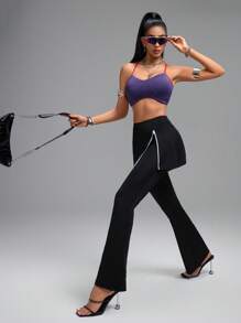 Innovista Quần thể thao ống loe cho nữ, quần váy 2 trong 1, quần bó co giãn bằng vải Spandex định hình, quần bó nâng mông kiểm soát bụng gợi cảm mùa thu, quần bó tập gym & tập luyện, lễ hội âm nhạc, tiệc tùng, quần nữ, quần thể thao trơn, quần đen, quần culottes, quần và váy, trang phục mùa thu cho phụ nữ - màu đen - Xem 9