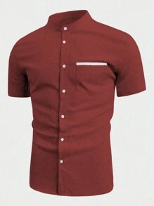 Manfinity Homme Men Plus Size Button Front Pocket Summer Short Sleeve Shirt - Burgundy - View 3