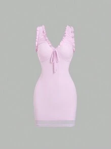 SHEIN Unity Women's Solid Color Simple Everyday Ruffle Hem Sleeveless Dress - Mauve Purple - View 1