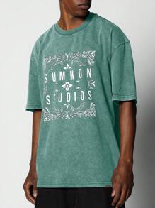 SUMWON Vintage Wash Oversized Lucky Charm Graphic T-Shirt Irish-Themed Studio Print Decorative Border Design St. Patrick's Day Casual Streetwear Lucky Festival Top - Green - View 3