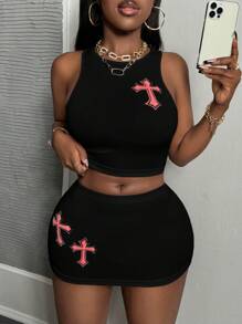 Slaydiva 2025夏季休闲圆领无袖短款背心紧身迷你短裤粉色十字印花白色罗纹女两件套-H - 黑色 - 查看 6