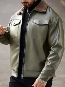 Manfinity Homme 男士拉链长袖 PU 皮革时尚摩托车夹克，冬秋季外出休闲夹克，适合送给朋友、丈夫、男朋友的礼物 - 軍綠色 - 查看 4