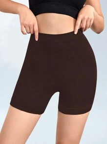 SHEIN Sports 女式纯色高腰无缝运动短裤 - 棕色 - 查看 3