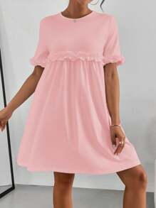 SHEIN Essnce 女士圆领短袖荷叶边下摆迷人甜美优雅连衣裙