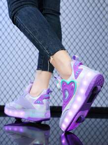 Zapatos de patines con luz LED para niños recargables con múltiples modos, soporte removible, decoración de plástico con forma de corazón, ajuste de hebilla y diseño elegante, fácil de poner y quitar, adecuado para patinar en interiores y exteriores en primavera/otoño. - Multicolor - Ver 5