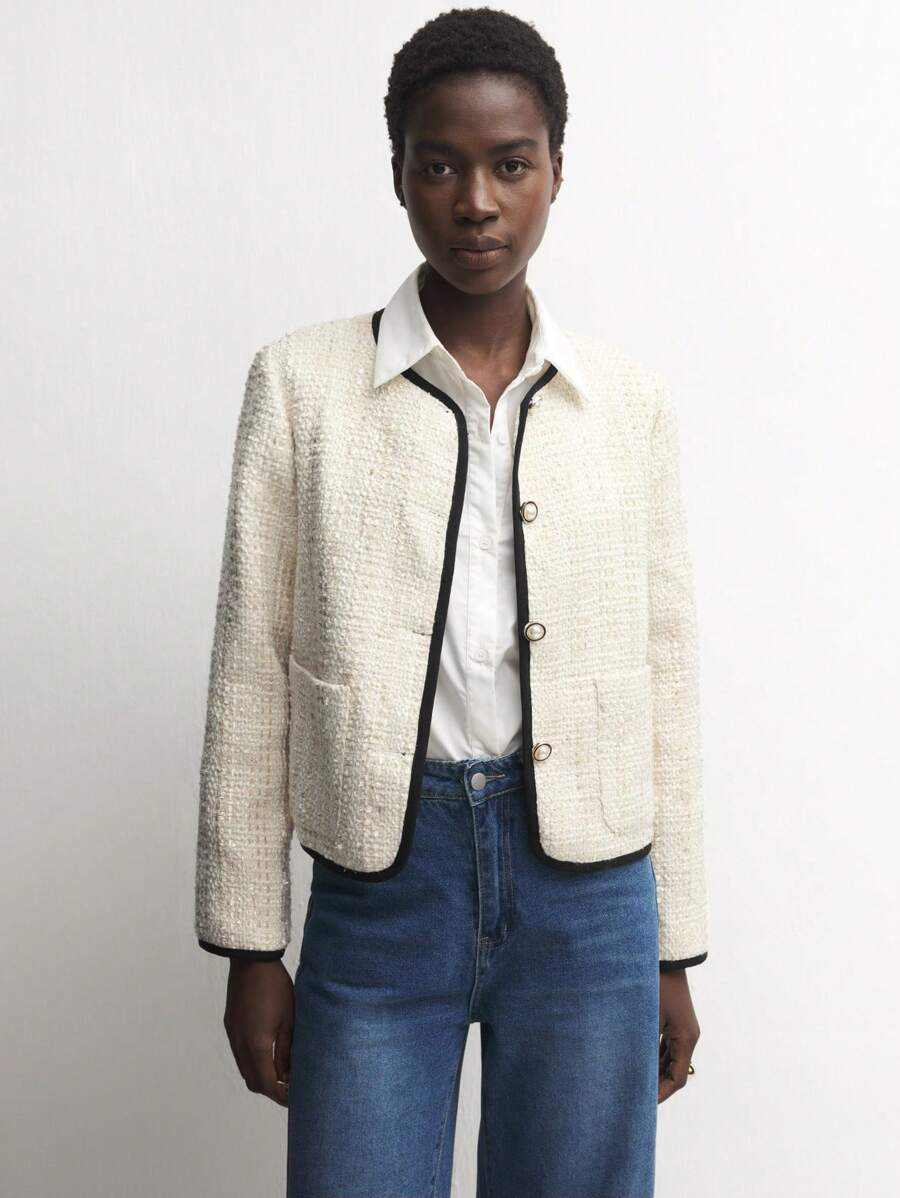 BizChic Color Block Piped Front Button Long Sleeve Pocket Loose Jacket For Daily Casual Fall Women Outfits Women Jackets - White - View 1