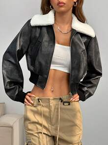 SHEIN EZwear Vintage Distressed Leather Shearling Collar - Black - View 5