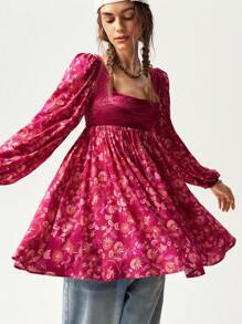 Bohemela Women's Floral Print Long Sleeve Mini Dress For Vacation, Autumn