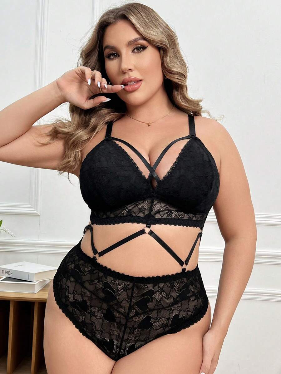 1 pièce Body sexy avec patchwork en dentelle, grande taille - Noir - Voir 1