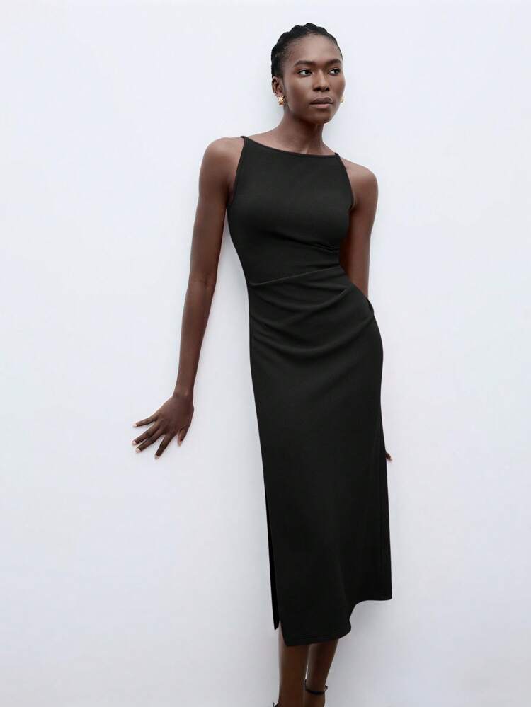 SHEIN Maija 2026 Spring & Summer Outfits Women Black Solid Color Black Side Split Hem Sleeveless Sheath Work Dress,Business Casual Daily Commute Elegant Beach Holiday Suitable For Wedding Guest, Country Music Festival, Brunch, Airport,Spring/Summer Dress Women,Valentine Dress,Vacation Outfits Women